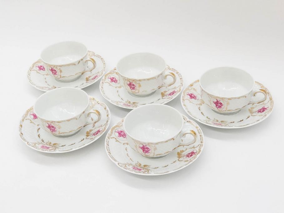フランス　LIMOGES(リモージュ)　Georges Boyer(ジョルジュ ボワイエ)　気品漂うティーカップ&ソーサー5客セット(バラ、薔薇、ローズ、C&S、磁器、金彩、洋食器)(R-078519)