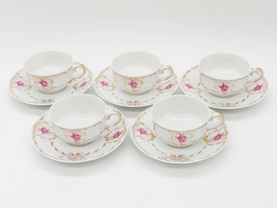 フランス　LIMOGES(リモージュ)　Georges Boyer(ジョルジュ ボワイエ)　気品漂うティーカップ&ソーサー5客セット(バラ、薔薇、ローズ、C&S、磁器、金彩、洋食器)(R-078519)