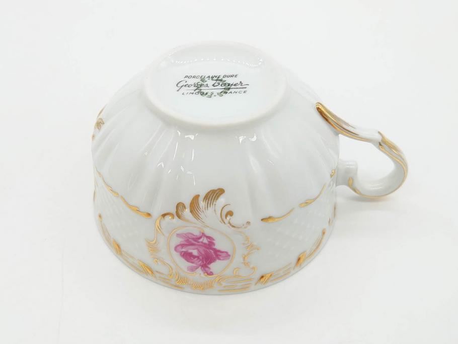 フランス　LIMOGES(リモージュ)　Georges Boyer(ジョルジュ ボワイエ)　気品漂うティーカップ&ソーサー5客セット(バラ、薔薇、ローズ、C&S、磁器、金彩、洋食器)(R-078519)