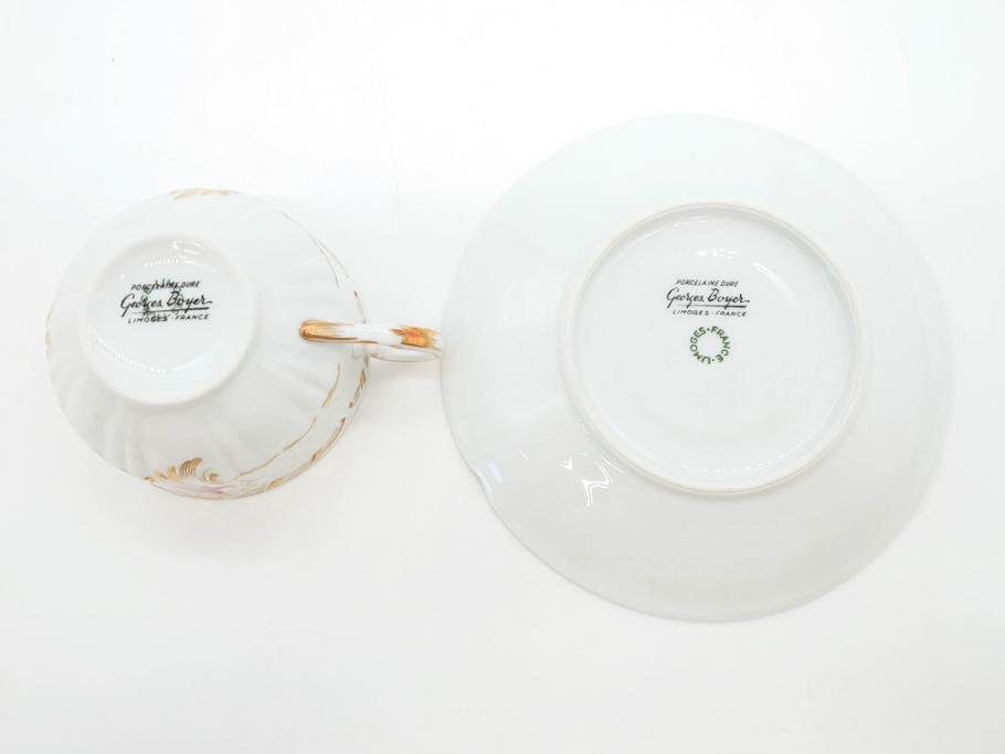 フランス　LIMOGES(リモージュ)　Georges Boyer(ジョルジュ ボワイエ)　気品漂うティーカップ&ソーサー5客セット(バラ、薔薇、ローズ、C&S、磁器、金彩、洋食器)(R-078519)