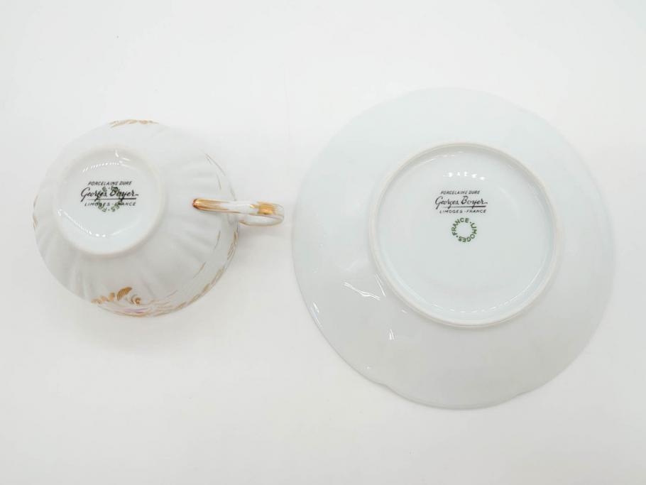 フランス　LIMOGES(リモージュ)　Georges Boyer(ジョルジュ ボワイエ)　気品漂うティーカップ&ソーサー5客セット(バラ、薔薇、ローズ、C&S、磁器、金彩、洋食器)(R-078519)