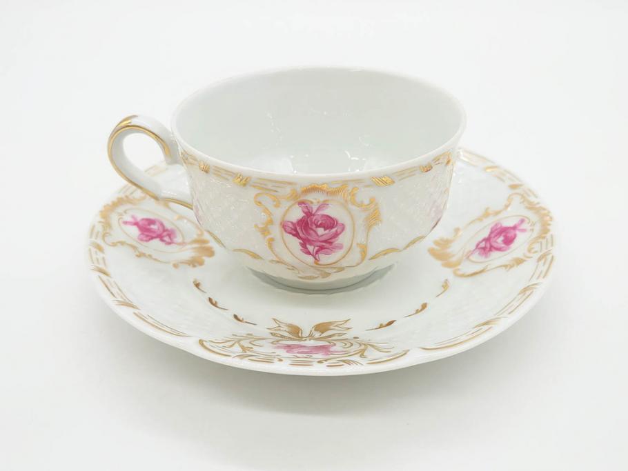 フランス　LIMOGES(リモージュ)　Georges Boyer(ジョルジュ ボワイエ)　気品漂うティーカップ&ソーサー5客セット(バラ、薔薇、ローズ、C&S、磁器、金彩、洋食器)(R-078519)