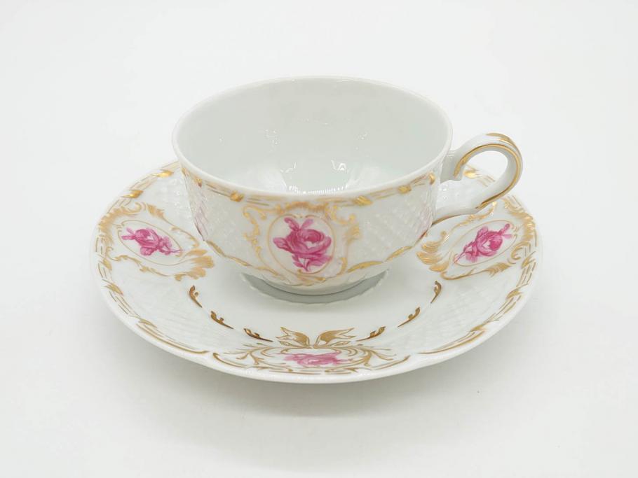 フランス　LIMOGES(リモージュ)　Georges Boyer(ジョルジュ ボワイエ)　気品漂うティーカップ&ソーサー5客セット(バラ、薔薇、ローズ、C&S、磁器、金彩、洋食器)(R-078519)