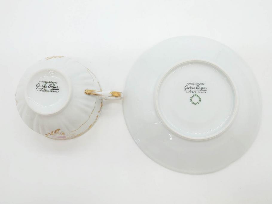 フランス　LIMOGES(リモージュ)　Georges Boyer(ジョルジュ ボワイエ)　気品漂うティーカップ&ソーサー5客セット(バラ、薔薇、ローズ、C&S、磁器、金彩、洋食器)(R-078519)