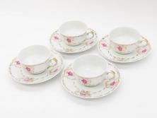 フランス　LIMOGES(リモージュ)　Georges Boyer(ジョルジュ ボワイエ)　気品漂うティーカップ&ソーサー4客セット(バラ、薔薇、ローズ、C&S、磁器、金彩、洋食器)(R-078520)