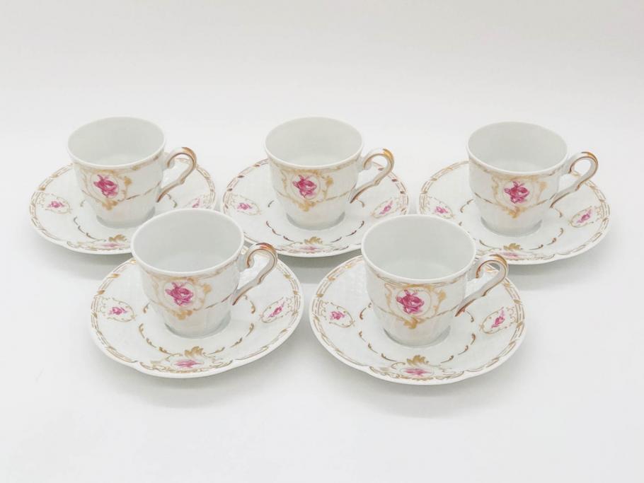 フランス　LIMOGES(リモージュ)　Georges Boyer(ジョルジュ ボワイエ)　気品漂うコーヒーカップ&ソーサー5客セット(C&S、バラ、薔薇、ローズ、磁器、金彩、洋食器)(R-078521)