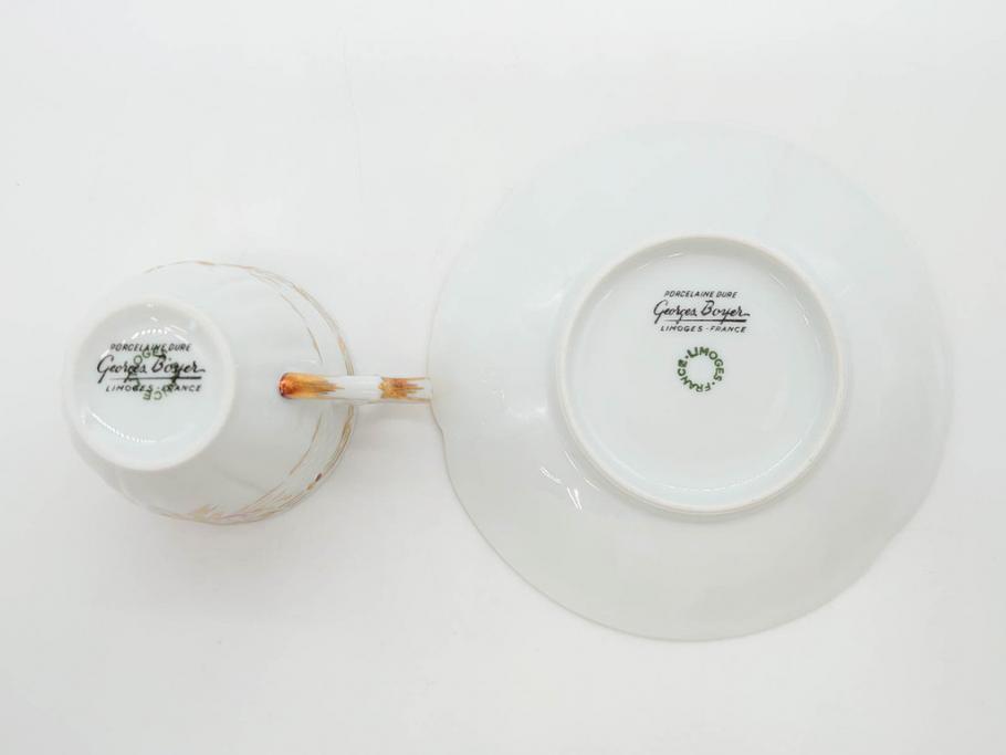 フランス　LIMOGES(リモージュ)　Georges Boyer(ジョルジュ ボワイエ)　気品漂うコーヒーカップ&ソーサー5客セット(C&S、バラ、薔薇、ローズ、磁器、金彩、洋食器)(R-078521)