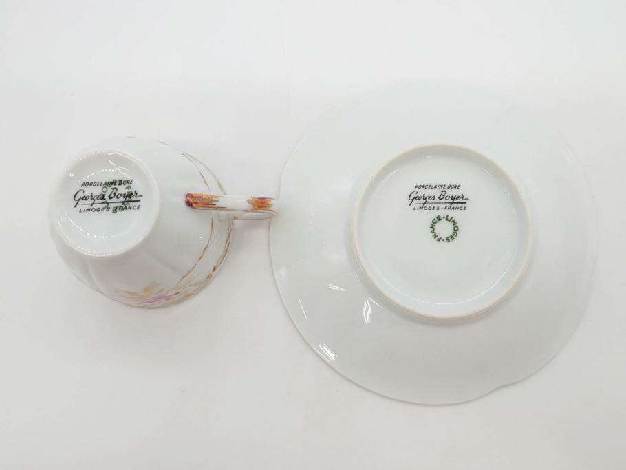 フランス　LIMOGES(リモージュ)　Georges Boyer(ジョルジュ ボワイエ)　気品漂うコーヒーカップ&ソーサー5客セット(C&S、バラ、薔薇、ローズ、磁器、金彩、洋食器)(R-078521)