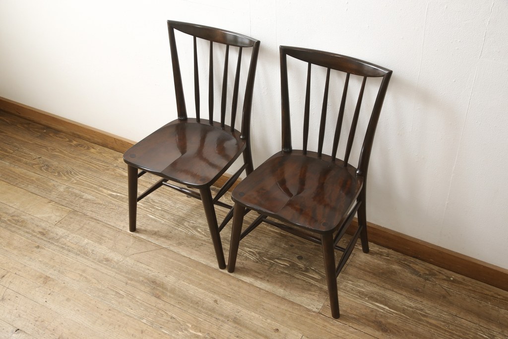 中古　美品　松本民芸家具　220F型　シックな佇まいが魅力的なチェア2脚セット(ダイニングチェア、板座チェア、椅子)(R-057808)