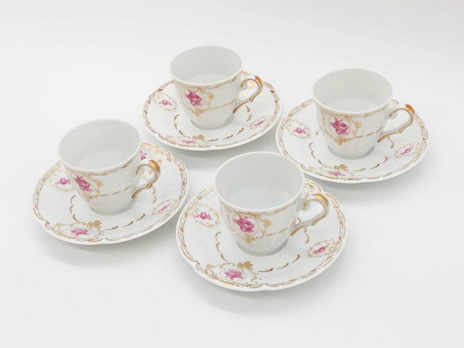 フランス　LIMOGES(リモージュ)　Georges Boyer(ジョルジュ ボワイエ)　気品漂うコーヒーカップ&ソーサー4客セット(C&S、バラ、薔薇、ローズ、磁器、金彩、洋食器)(R-078522)