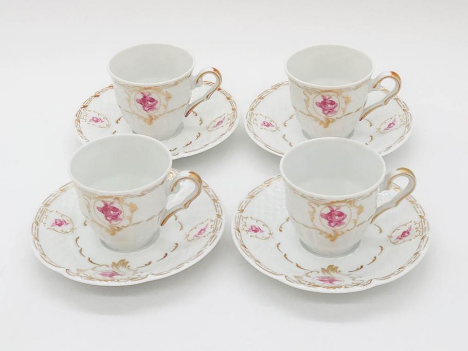 フランス　LIMOGES(リモージュ)　Georges Boyer(ジョルジュ ボワイエ)　気品漂うコーヒーカップ&ソーサー4客セット(C&S、バラ、薔薇、ローズ、磁器、金彩、洋食器)(R-078522)