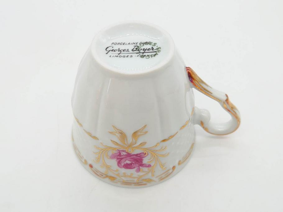 フランス　LIMOGES(リモージュ)　Georges Boyer(ジョルジュ ボワイエ)　気品漂うコーヒーカップ&ソーサー4客セット(C&S、バラ、薔薇、ローズ、磁器、金彩、洋食器)(R-078522)