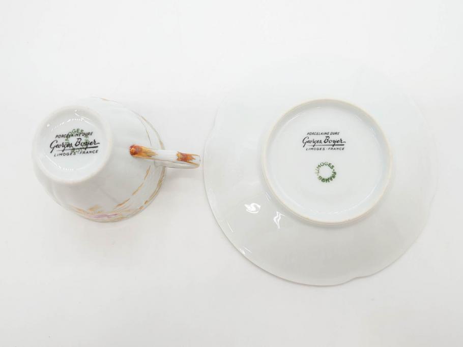 フランス　LIMOGES(リモージュ)　Georges Boyer(ジョルジュ ボワイエ)　気品漂うコーヒーカップ&ソーサー4客セット(C&S、バラ、薔薇、ローズ、磁器、金彩、洋食器)(R-078522)