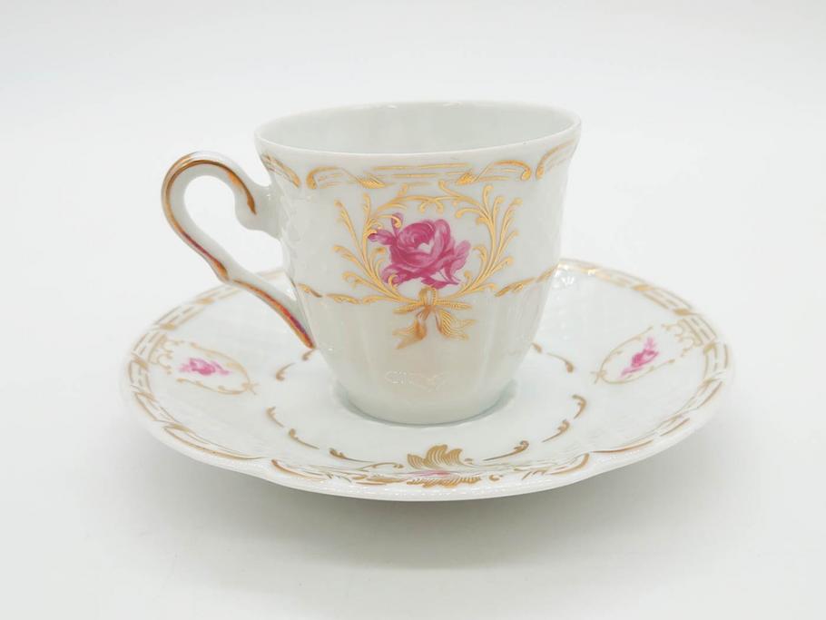 フランス　LIMOGES(リモージュ)　Georges Boyer(ジョルジュ ボワイエ)　気品漂うコーヒーカップ&ソーサー4客セット(C&S、バラ、薔薇、ローズ、磁器、金彩、洋食器)(R-078522)