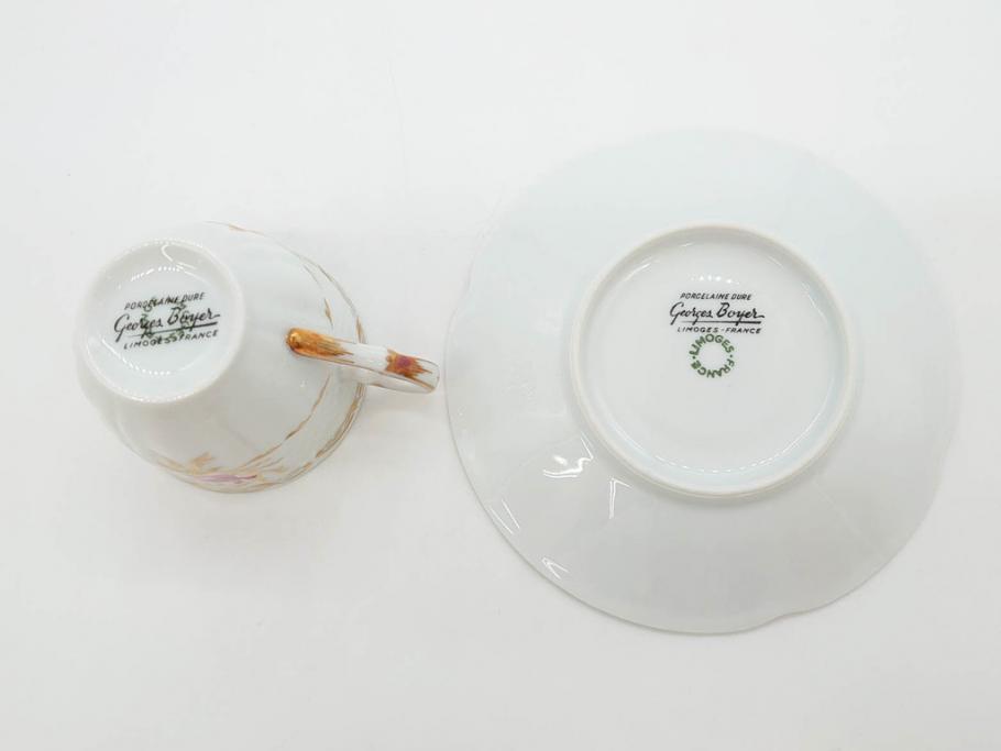 フランス　LIMOGES(リモージュ)　Georges Boyer(ジョルジュ ボワイエ)　気品漂うコーヒーカップ&ソーサー4客セット(C&S、バラ、薔薇、ローズ、磁器、金彩、洋食器)(R-078522)