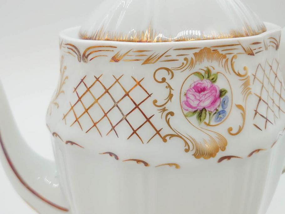 フランス　LIMOGES(リモージュ)　Georges Boyer(ジョルジュ ボワイエ)　バラの絵付けが上品なティーポット(薔薇、ローズ、磁器、金彩、洋食器)(R-078523)