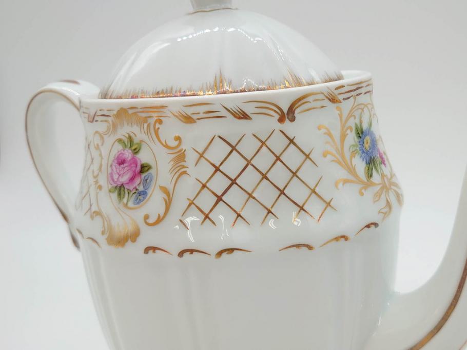 フランス　LIMOGES(リモージュ)　Georges Boyer(ジョルジュ ボワイエ)　バラの絵付けが上品なティーポット(薔薇、ローズ、磁器、金彩、洋食器)(R-078523)