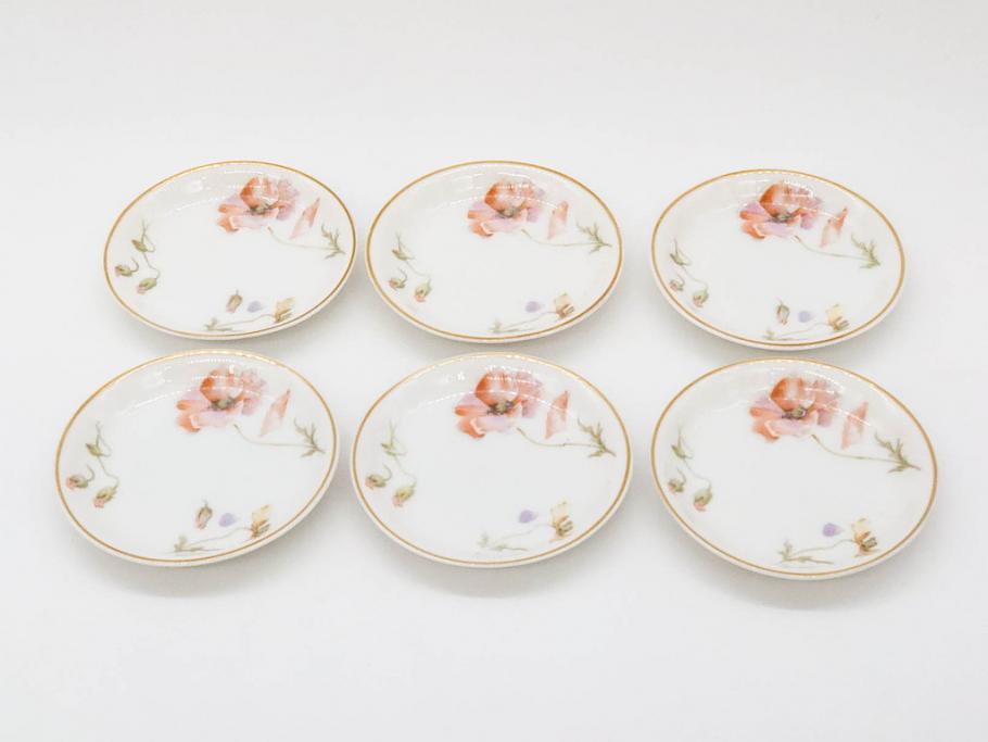 オールドノリタケ　NORITAKE　三越　ヤジロベー印　柔らかい色彩の花のデザインが可愛らしいミニプレート6枚セット(花、フラワー、小皿、豆皿、磁器、洋食器)(R-078524)