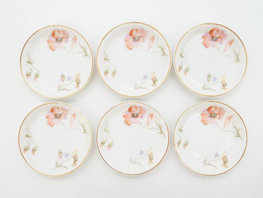オールドノリタケ　NORITAKE　三越　ヤジロベー印　柔らかい色彩の花のデザインが可愛らしいミニプレート6枚セット(花、フラワー、小皿、豆皿、磁器、洋食器)(R-078524)