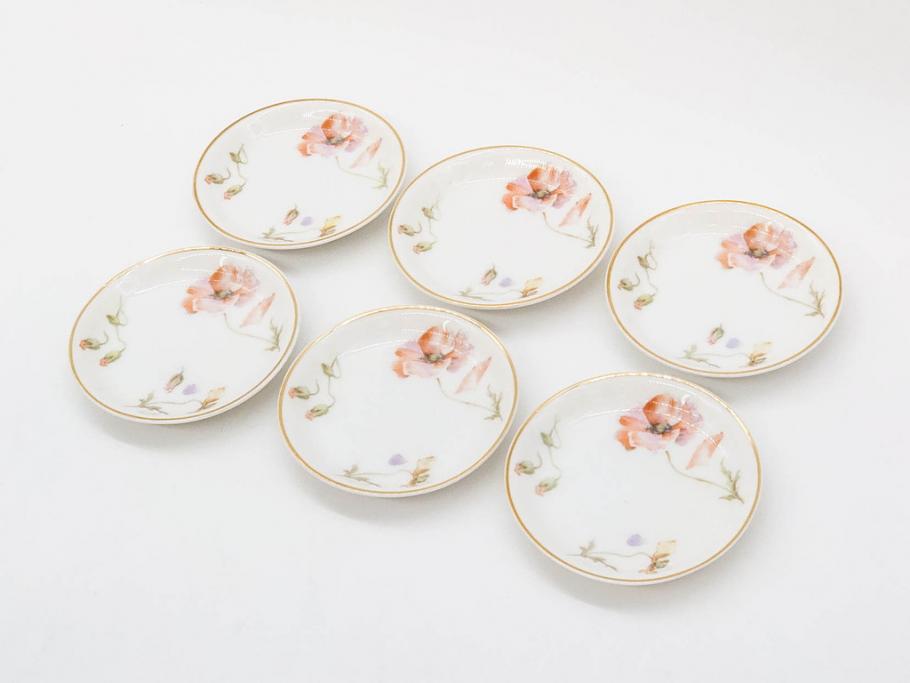 オールドノリタケ　NORITAKE　三越　ヤジロベー印　柔らかい色彩の花のデザインが可愛らしいミニプレート6枚セット(花、フラワー、小皿、豆皿、磁器、洋食器)(R-078631)