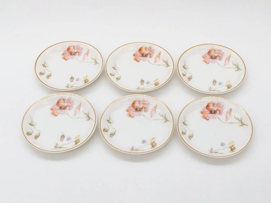 オールドノリタケ　NORITAKE　三越　ヤジロベー印　柔らかい色彩の花のデザインが可愛らしいミニプレート6枚セット(花、フラワー、小皿、豆皿、磁器、洋食器)(R-078631)