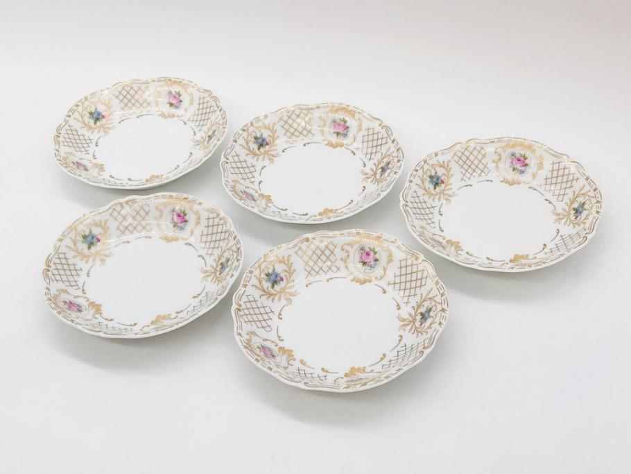 フランス　LIMOGES(リモージュ)　Georges Boyer(ジョルジュ ボワイエ)　バラの絵付けが上品なプレート5枚セット(薔薇、ローズ、磁器、金彩、深皿、小皿、洋食器)(R-078633)
