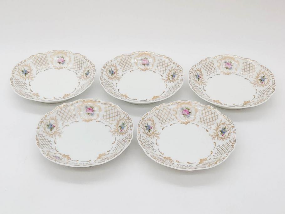 フランス　LIMOGES(リモージュ)　Georges Boyer(ジョルジュ ボワイエ)　バラの絵付けが上品なプレート5枚セット(薔薇、ローズ、磁器、金彩、深皿、小皿、洋食器)(R-078633)