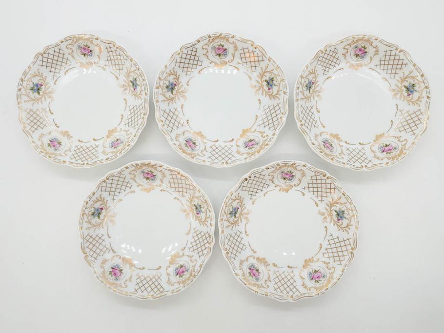 フランス　LIMOGES(リモージュ)　Georges Boyer(ジョルジュ ボワイエ)　バラの絵付けが上品なプレート5枚セット(薔薇、ローズ、磁器、金彩、深皿、小皿、洋食器)(R-078633)