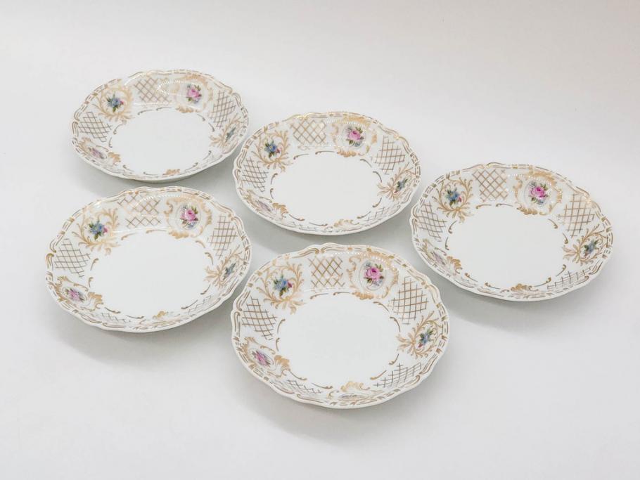フランス　LIMOGES(リモージュ)　Georges Boyer(ジョルジュ ボワイエ)　バラの絵付けが上品なプレート5枚セット(薔薇、ローズ、磁器、金彩、深皿、小皿、洋食器)(R-078634)