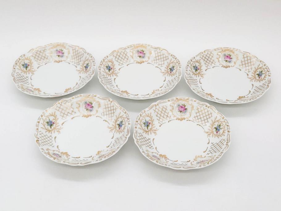 フランス　LIMOGES(リモージュ)　Georges Boyer(ジョルジュ ボワイエ)　バラの絵付けが上品なプレート5枚セット(薔薇、ローズ、磁器、金彩、深皿、小皿、洋食器)(R-078634)