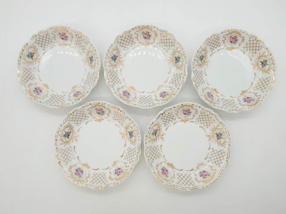 フランス　LIMOGES(リモージュ)　Georges Boyer(ジョルジュ ボワイエ)　バラの絵付けが上品なプレート5枚セット(薔薇、ローズ、磁器、金彩、深皿、小皿、洋食器)(R-078634)