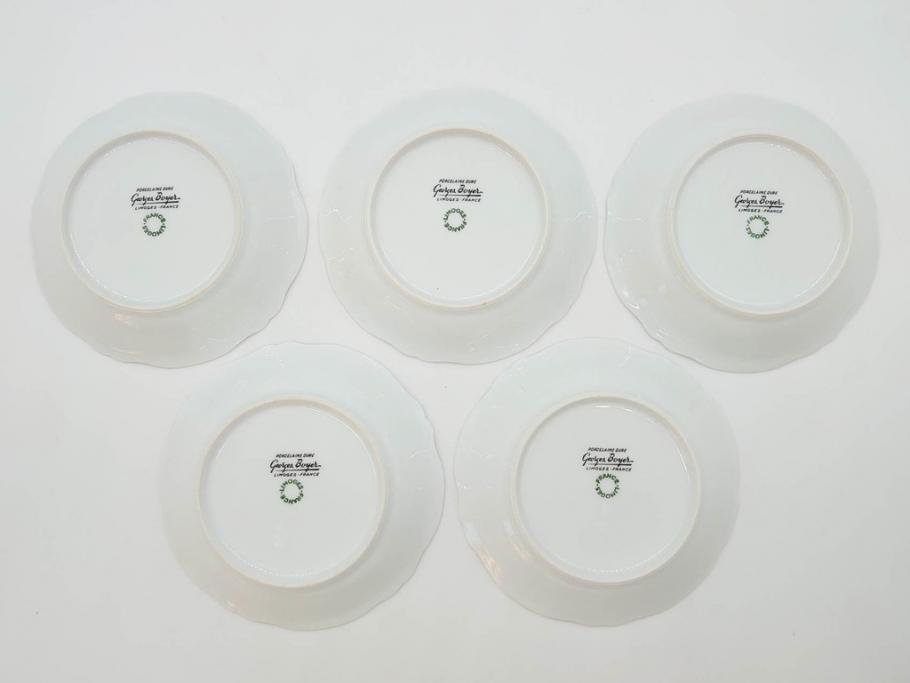 フランス　LIMOGES(リモージュ)　Georges Boyer(ジョルジュ ボワイエ)　バラの絵付けが上品なプレート5枚セット(薔薇、ローズ、磁器、金彩、深皿、小皿、洋食器)(R-078634)