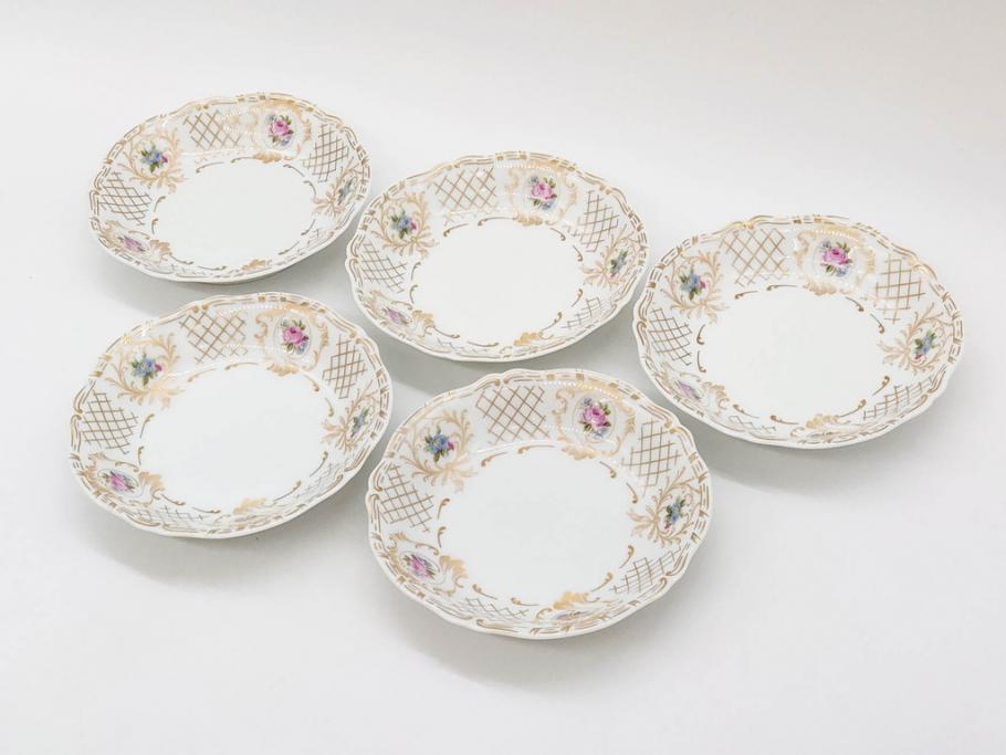 フランス　LIMOGES(リモージュ)　Georges Boyer(ジョルジュ ボワイエ)　バラの絵付けが上品なプレート5枚セット(薔薇、ローズ、磁器、金彩、深皿、小皿、洋食器)(R-078635)