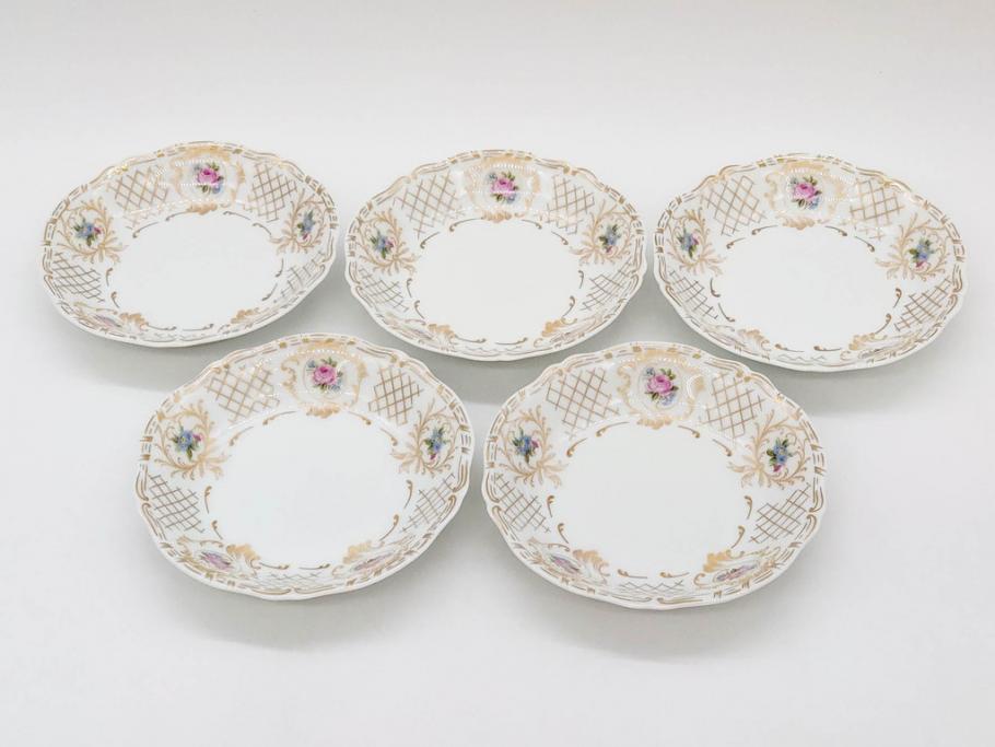 フランス　LIMOGES(リモージュ)　Georges Boyer(ジョルジュ ボワイエ)　バラの絵付けが上品なプレート5枚セット(薔薇、ローズ、磁器、金彩、深皿、小皿、洋食器)(R-078635)