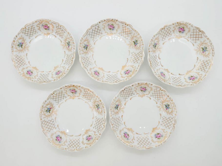 フランス　LIMOGES(リモージュ)　Georges Boyer(ジョルジュ ボワイエ)　バラの絵付けが上品なプレート5枚セット(薔薇、ローズ、磁器、金彩、深皿、小皿、洋食器)(R-078635)