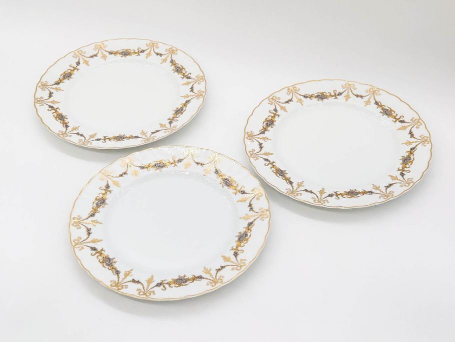 フランス　BERNARDAUD(ベルナルド)　LIMOGES(リモージュ)　マリー・テレーズ　細かな花のガーランドが装飾された優雅なプレート3枚セット(MARIE THERESE、リボン、花、フラワー、金彩、大皿、磁器、洋食器)(R-078636)