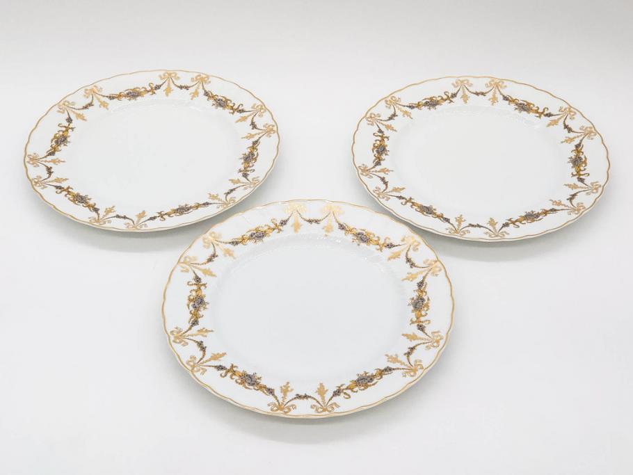 フランス　BERNARDAUD(ベルナルド)　LIMOGES(リモージュ)　マリー・テレーズ　細かな花のガーランドが装飾された優雅なプレート3枚セット(MARIE THERESE、リボン、花、フラワー、金彩、大皿、磁器、洋食器)(R-078636)