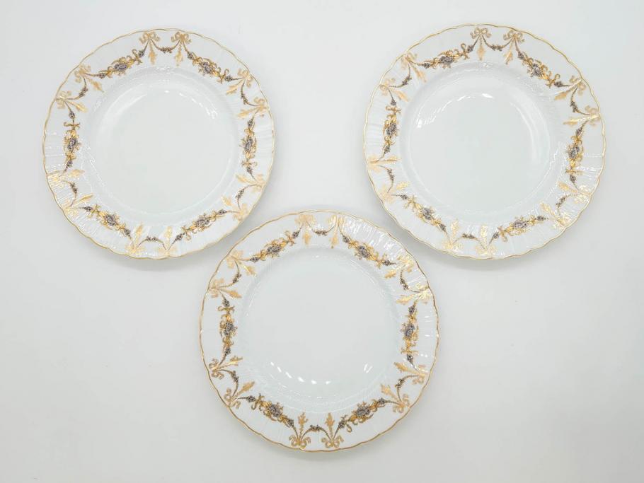 フランス　BERNARDAUD(ベルナルド)　LIMOGES(リモージュ)　マリー・テレーズ　細かな花のガーランドが装飾された優雅なプレート3枚セット(MARIE THERESE、リボン、花、フラワー、金彩、大皿、磁器、洋食器)(R-078636)
