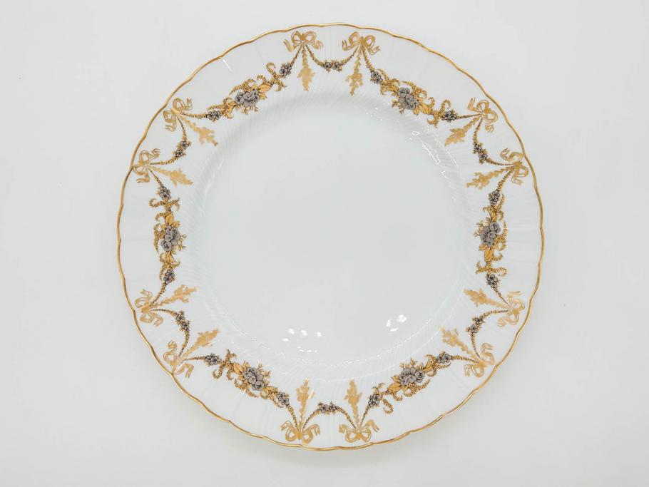 フランス　BERNARDAUD(ベルナルド)　LIMOGES(リモージュ)　マリー・テレーズ　細かな花のガーランドが装飾された優雅なプレート3枚セット(MARIE THERESE、リボン、花、フラワー、金彩、大皿、磁器、洋食器)(R-078636)