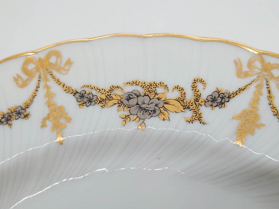 フランス　BERNARDAUD(ベルナルド)　LIMOGES(リモージュ)　マリー・テレーズ　細かな花のガーランドが装飾された優雅なプレート3枚セット(MARIE THERESE、リボン、花、フラワー、金彩、大皿、磁器、洋食器)(R-078636)