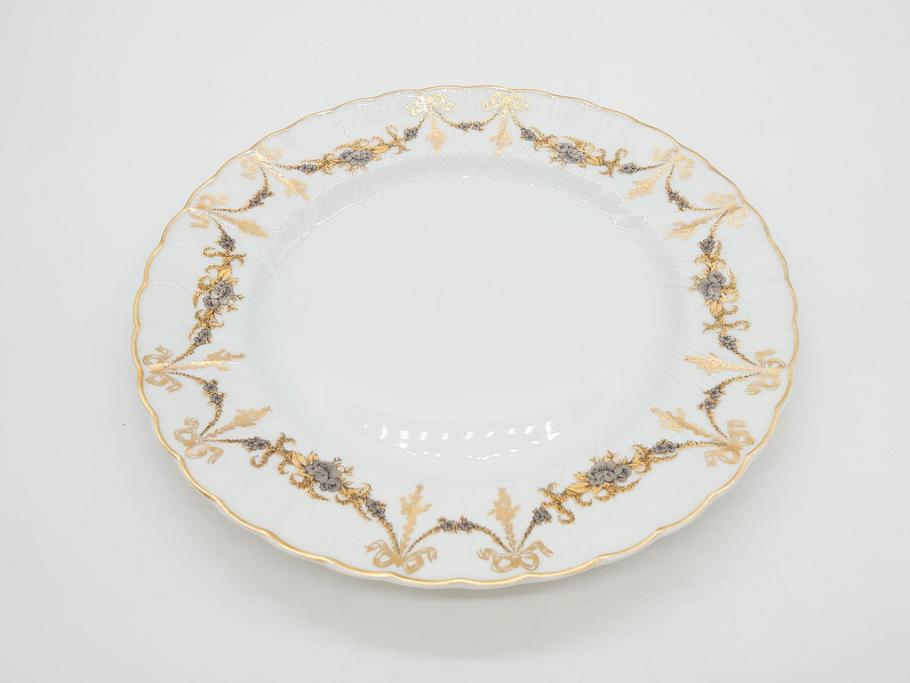 フランス　BERNARDAUD(ベルナルド)　LIMOGES(リモージュ)　マリー・テレーズ　細かな花のガーランドが装飾された優雅なプレート3枚セット(MARIE THERESE、リボン、花、フラワー、金彩、大皿、磁器、洋食器)(R-078636)