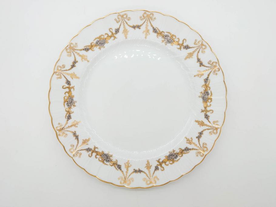 フランス　BERNARDAUD(ベルナルド)　LIMOGES(リモージュ)　マリー・テレーズ　細かな花のガーランドが装飾された優雅なプレート3枚セット(MARIE THERESE、リボン、花、フラワー、金彩、大皿、磁器、洋食器)(R-078636)