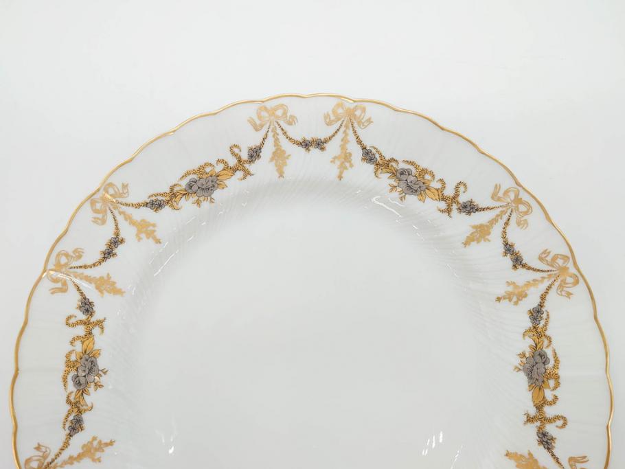 フランス　BERNARDAUD(ベルナルド)　LIMOGES(リモージュ)　マリー・テレーズ　細かな花のガーランドが装飾された優雅なプレート3枚セット(MARIE THERESE、リボン、花、フラワー、金彩、大皿、磁器、洋食器)(R-078636)