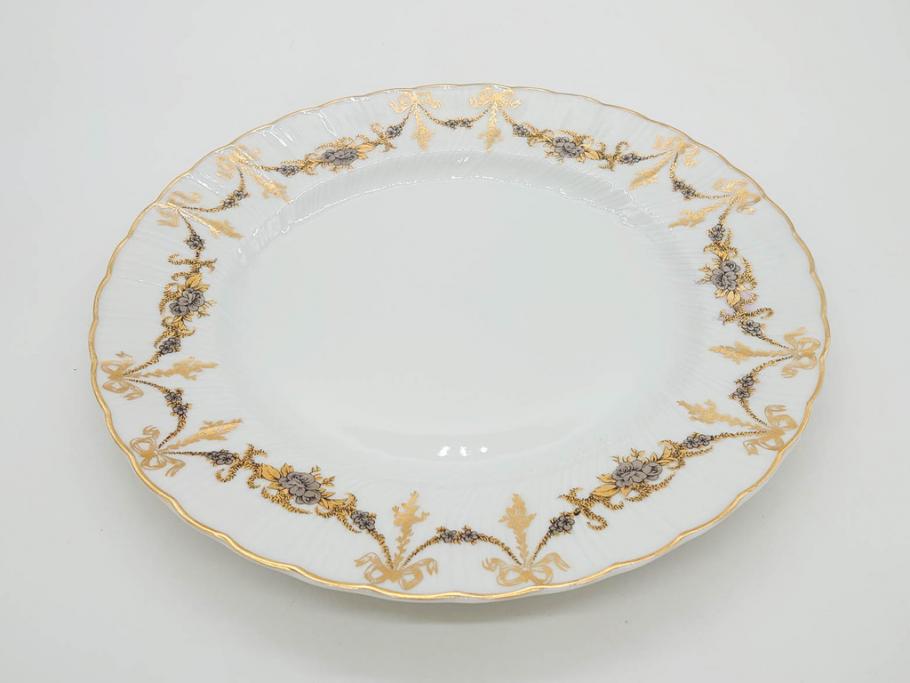 フランス　BERNARDAUD(ベルナルド)　LIMOGES(リモージュ)　マリー・テレーズ　細かな花のガーランドが装飾された優雅なプレート3枚セット(MARIE THERESE、リボン、花、フラワー、金彩、大皿、磁器、洋食器)(R-078636)