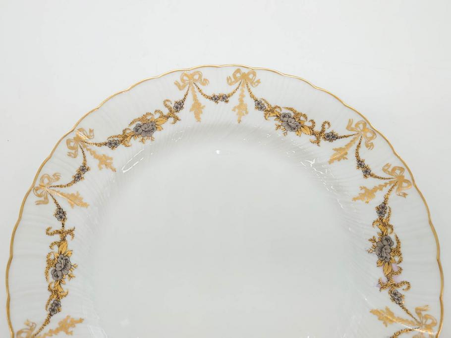 フランス　BERNARDAUD(ベルナルド)　LIMOGES(リモージュ)　マリー・テレーズ　細かな花のガーランドが装飾された優雅なプレート3枚セット(MARIE THERESE、リボン、花、フラワー、金彩、大皿、磁器、洋食器)(R-078636)