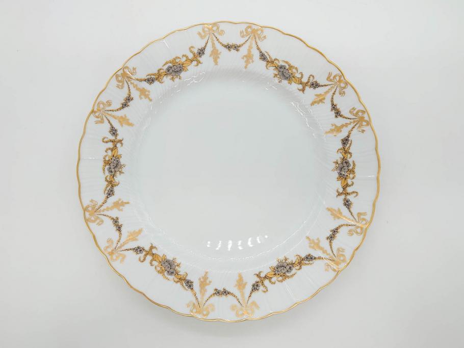 フランス　BERNARDAUD(ベルナルド)　LIMOGES(リモージュ)　マリー・テレーズ　細かな花のガーランドが装飾された優雅なプレート3枚セット(MARIE THERESE、リボン、花、フラワー、金彩、中皿、大皿、磁器、洋食器)(R-078637)