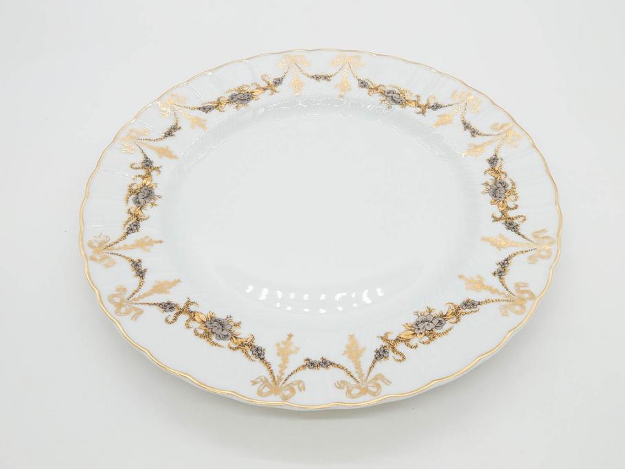 フランス　BERNARDAUD(ベルナルド)　LIMOGES(リモージュ)　マリー・テレーズ　細かな花のガーランドが装飾された優雅なプレート3枚セット(MARIE THERESE、リボン、花、フラワー、金彩、中皿、大皿、磁器、洋食器)(R-078637)