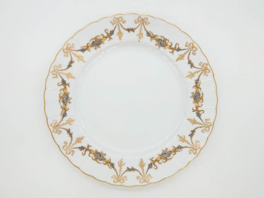 フランス　BERNARDAUD(ベルナルド)　LIMOGES(リモージュ)　マリー・テレーズ　細かな花のガーランドが装飾された優雅なプレート3枚セット(MARIE THERESE、リボン、花、フラワー、金彩、中皿、大皿、磁器、洋食器)(R-078637)