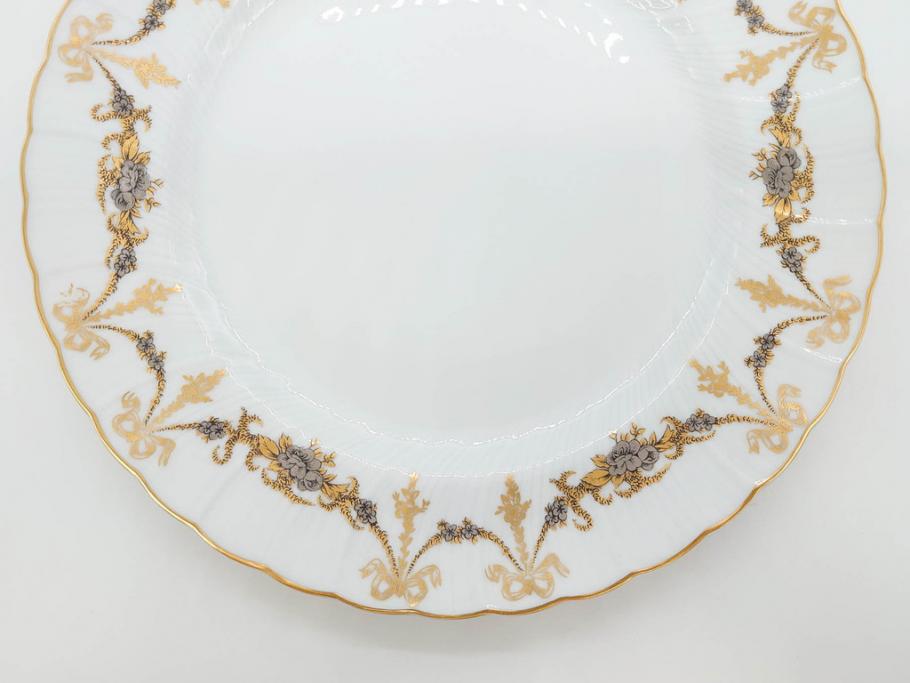 フランス　BERNARDAUD(ベルナルド)　LIMOGES(リモージュ)　マリー・テレーズ　細かな花のガーランドが装飾された優雅なプレート3枚セット(MARIE THERESE、リボン、花、フラワー、金彩、中皿、大皿、磁器、洋食器)(R-078637)