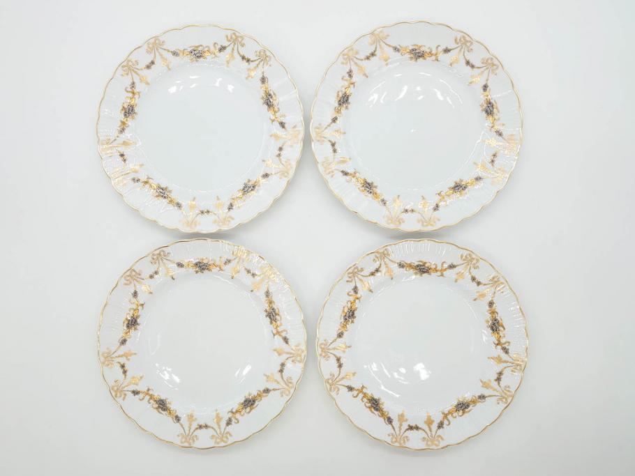 フランス　BERNARDAUD(ベルナルド)　LIMOGES(リモージュ)　マリー・テレーズ　細かな花のガーランドが装飾された優雅なプレート4枚セット(MARIE THERESE、リボン、花、フラワー、金彩、中皿、磁器、洋食器)(R-078638)
